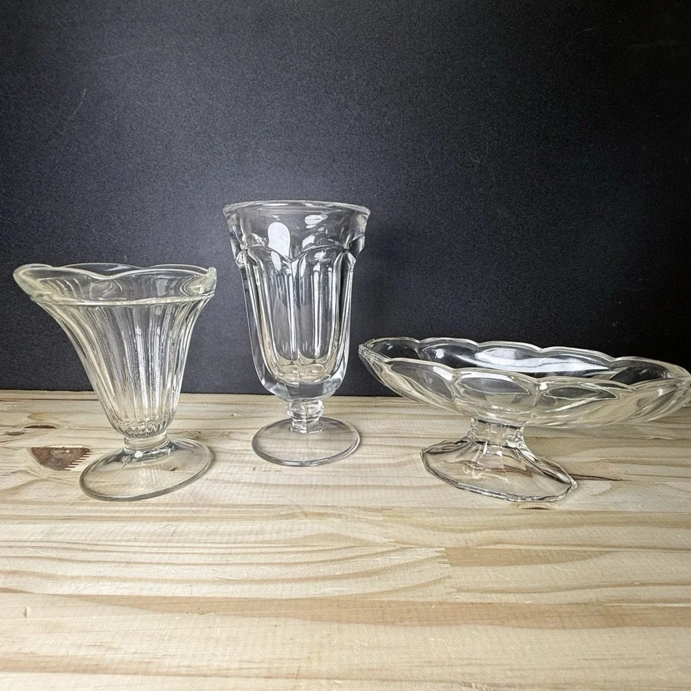 Vintage‎ Mixed Footed Parfait Milkshake Ice Cream Soda Fountain Glasses Set of 3